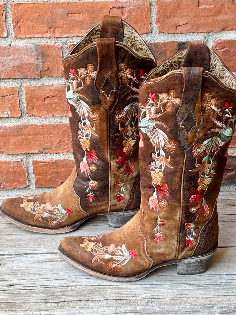 Corral Brown Floral Embroidered Lamb Leather Western Cowboy Boots 6.5M